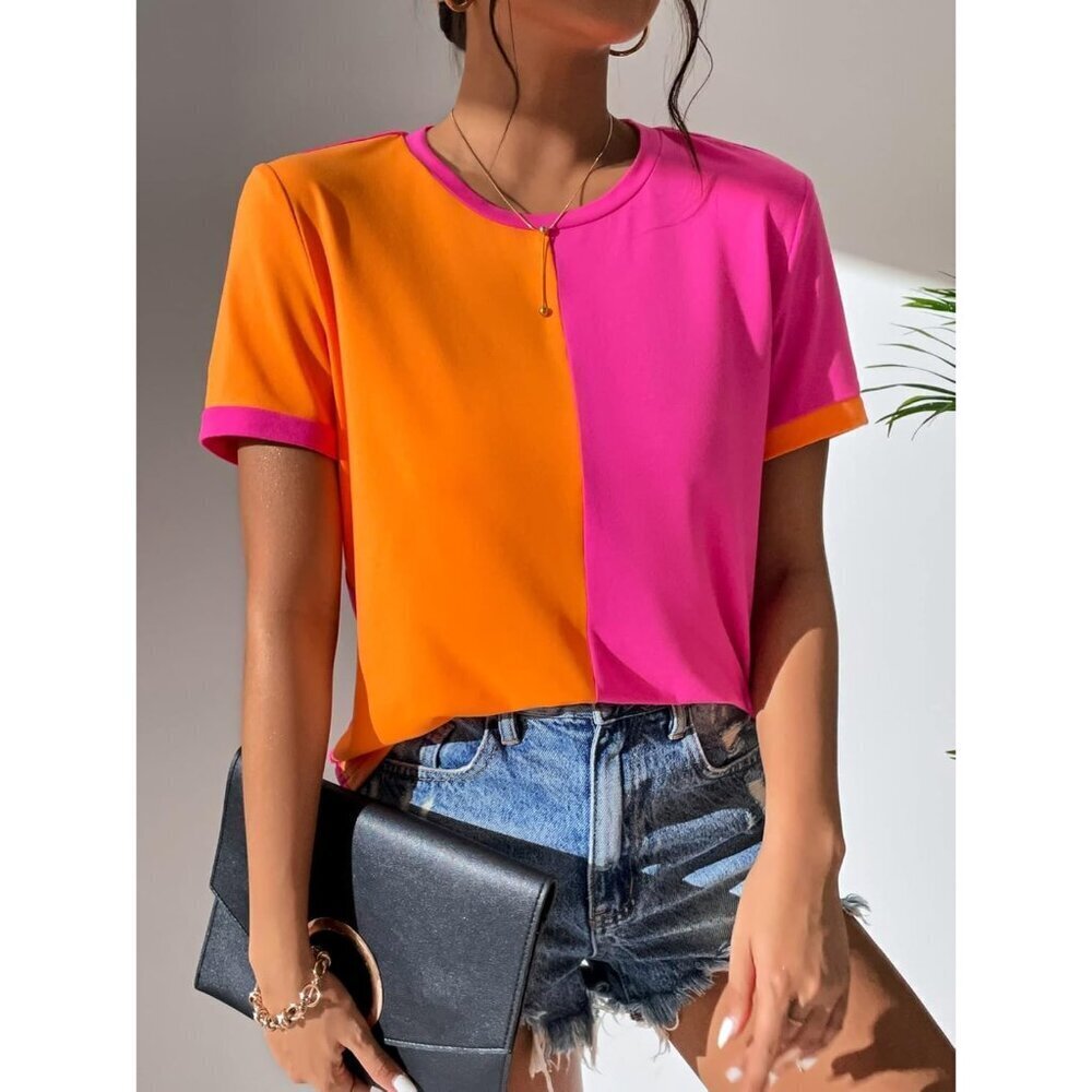 Women's Color Block T Shirt Short Sleeve Casual Crew Neck Top Medium - Picture 6 of 6